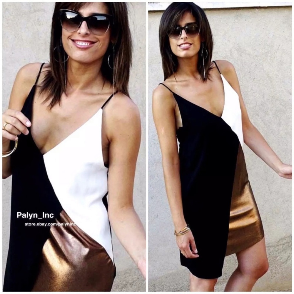 ❤️LAST size M♥️ ZARA BLACK GOLD ECRU BLOCK COLOUR METALLIC DRESS